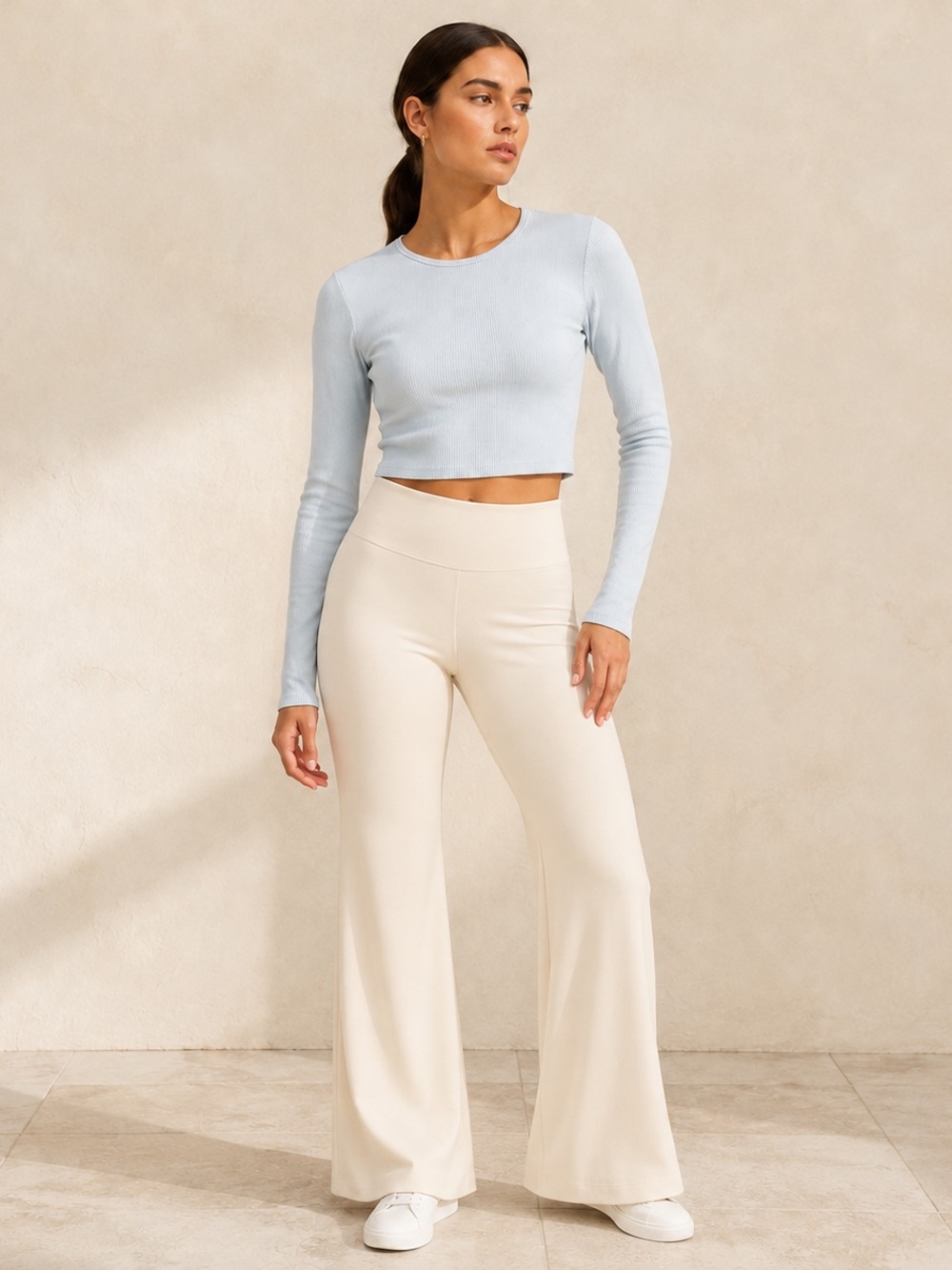Forever 21 Pale Blue Ribbed Long-Sleeve Cropped Top